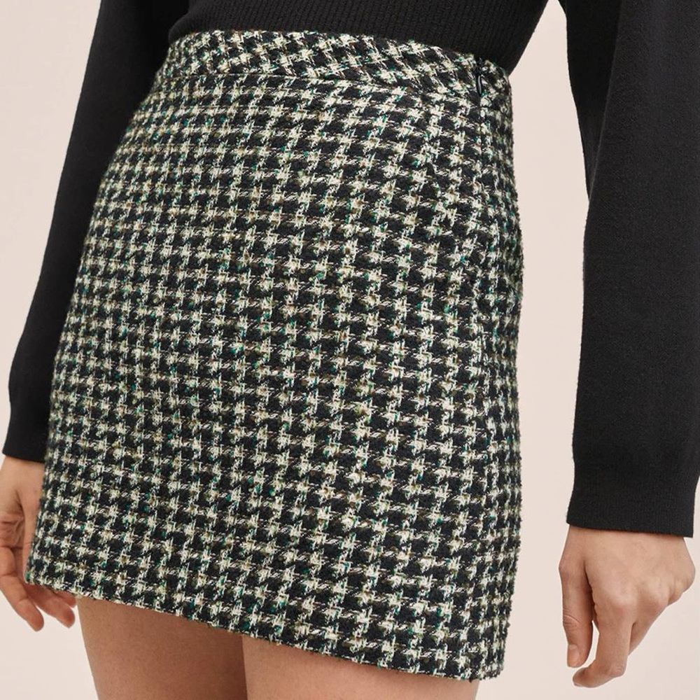 Mango Black, White, Green Tweed Mini Skirt - large